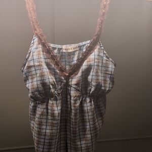 Madden Girl Blue Plaid Top with Brown Lace